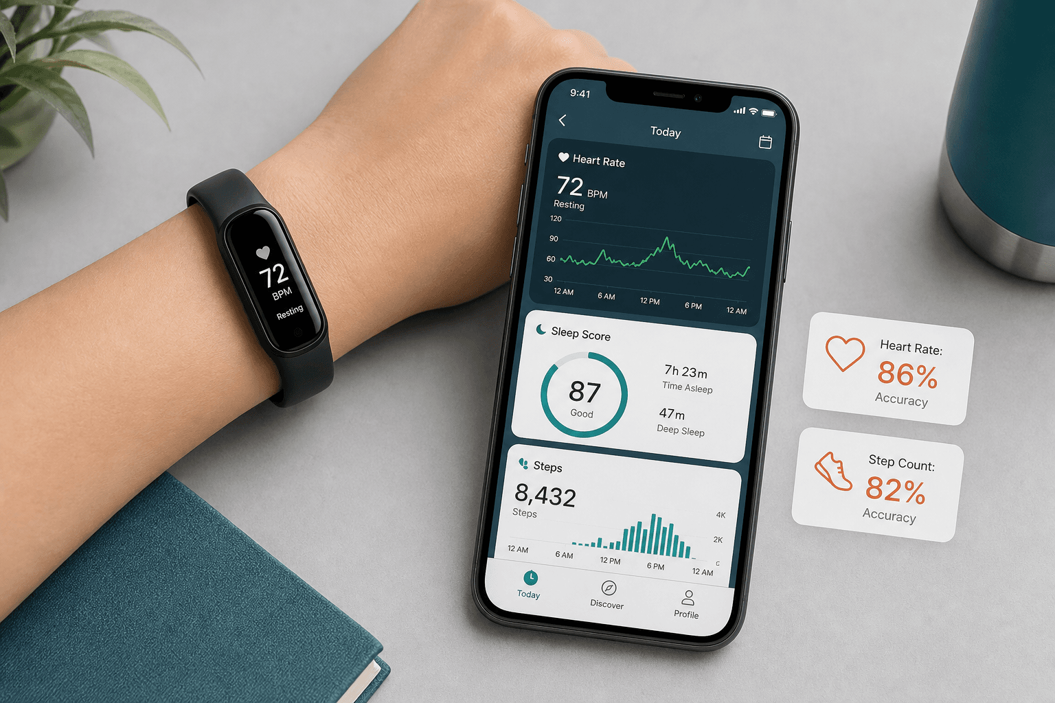 Flat-lay product photography on a light gray surface showing a wrist wearing a slim black fitness tracker band next to a smartphone displaying health metric screens including a heart rate graph, sleep score of 87, and step count of 8,432, with small callout badges reading 'Heart Rate: 86%' and 'Step Count: 82%' in muted teal, slate gray, and orange accent colors.