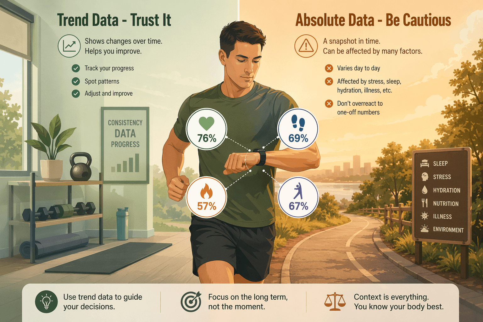 A person jogging outdoors on a path wearing a smartwatch, with four floating circular data callouts around the watch showing heart icon '76%', footstep icon '69%', flame icon '57%', and fitness icon '67%'. The scene is split into green-toned left side labeled 'Trend Data - Trust It' and warm amber-toned right side labeled 'Absolute Data - Be Cautious', with a home gym transitioning to an outdoor path background in clean vector style.