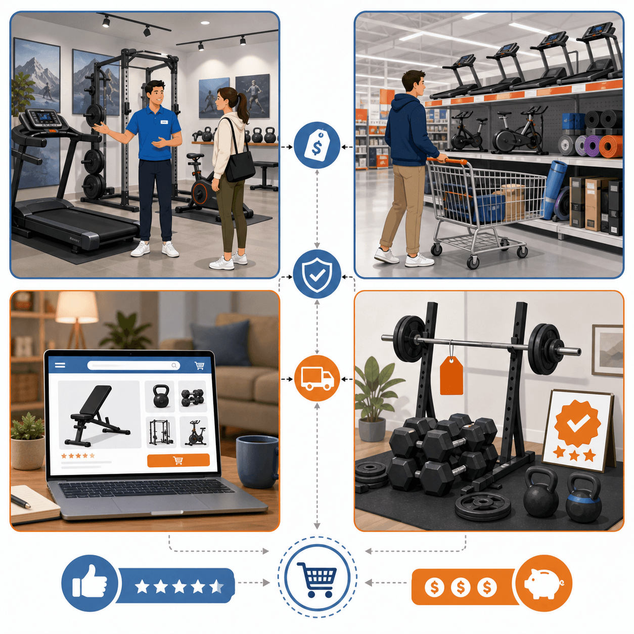 Four quadrant flat vector illustration showing specialty store, big-box aisle, online laptop with delivery truck, and used equipment scene with connecting arrows and price, warranty, and convenience icons.