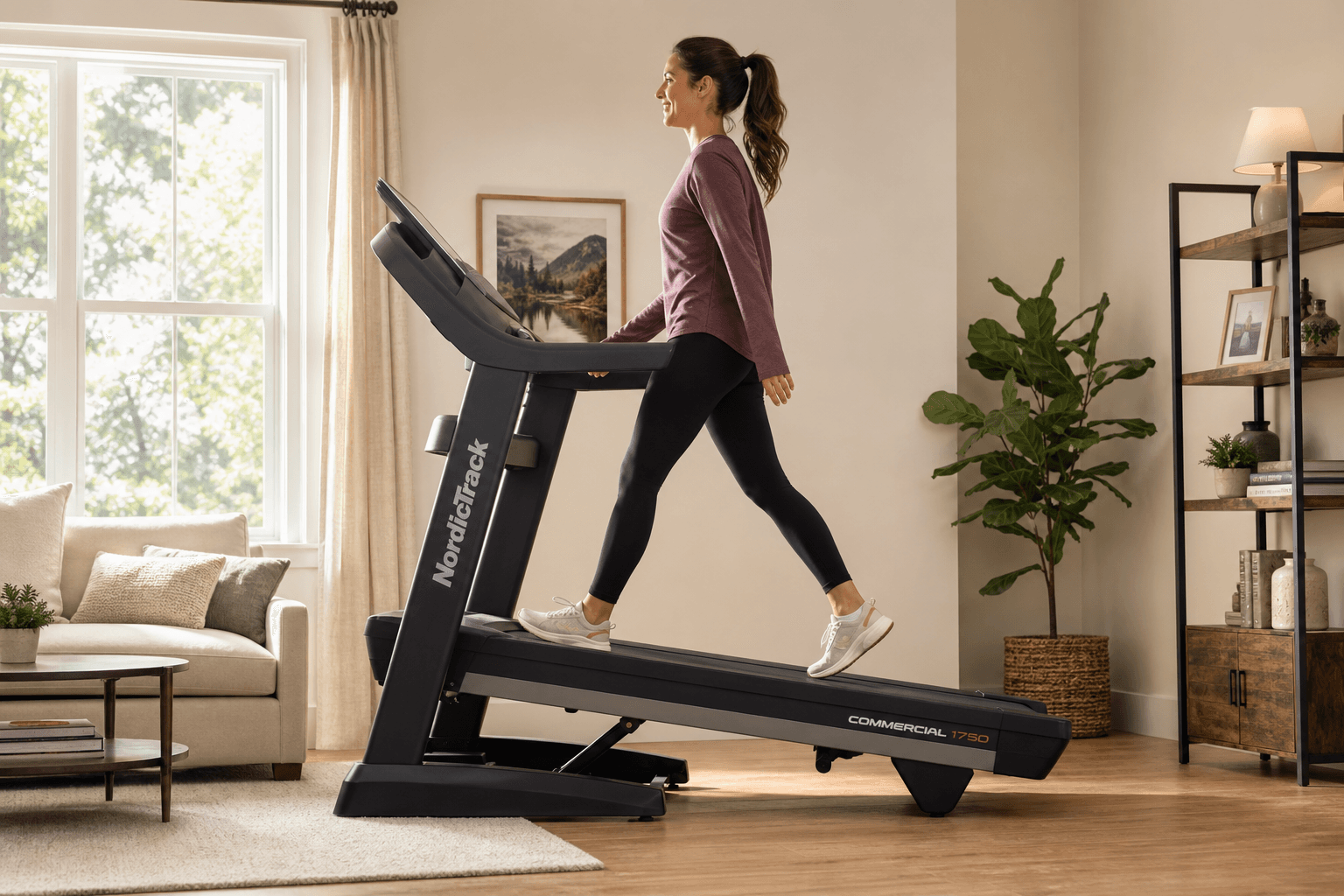 A person in casual athletic wear walks at a relaxed pace on a full-size treadmill set at a visible incline in a sunlit living room with a houseplant and window, showing the treadmill's full profile in a warm residential setting.
