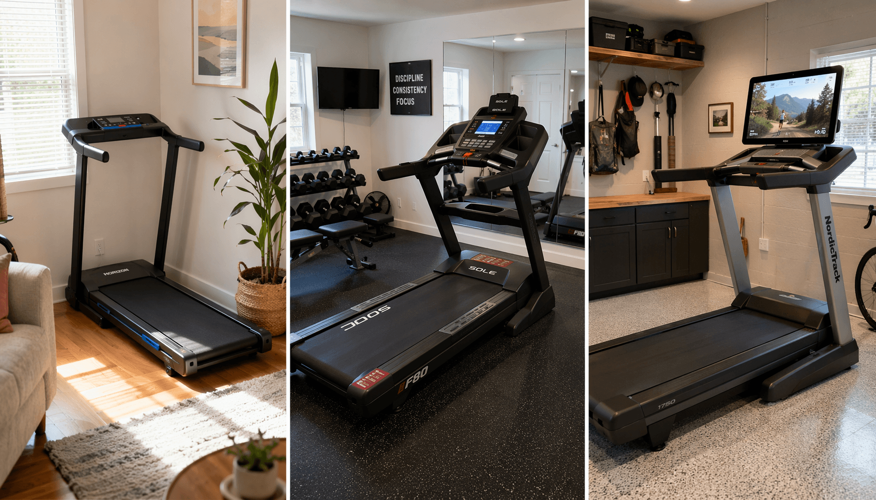 Three treadmills in different home settings: a compact folding model in an apartment corner, a mid-range treadmill in a home gym, and a premium connected treadmill in a spare room.