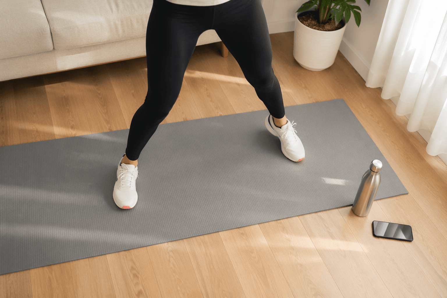 Overhead flat-lay of a person in athletic shoes and leggings standing on a gray mat in a bright living room, feet apart mid-jumping jack, with a couch edge, plant, water bottle, and phone around the mat.