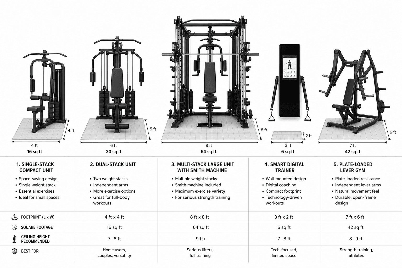 Five stylized home gym machine types arranged in a row on a measured floor grid: single-stack compact unit, dual-stack unit with two weight stacks, multi-stack machine with Smith attachment, slim wall-mounted smart trainer with screen, and plate-loaded lever gym with open frame and weight plate pegs