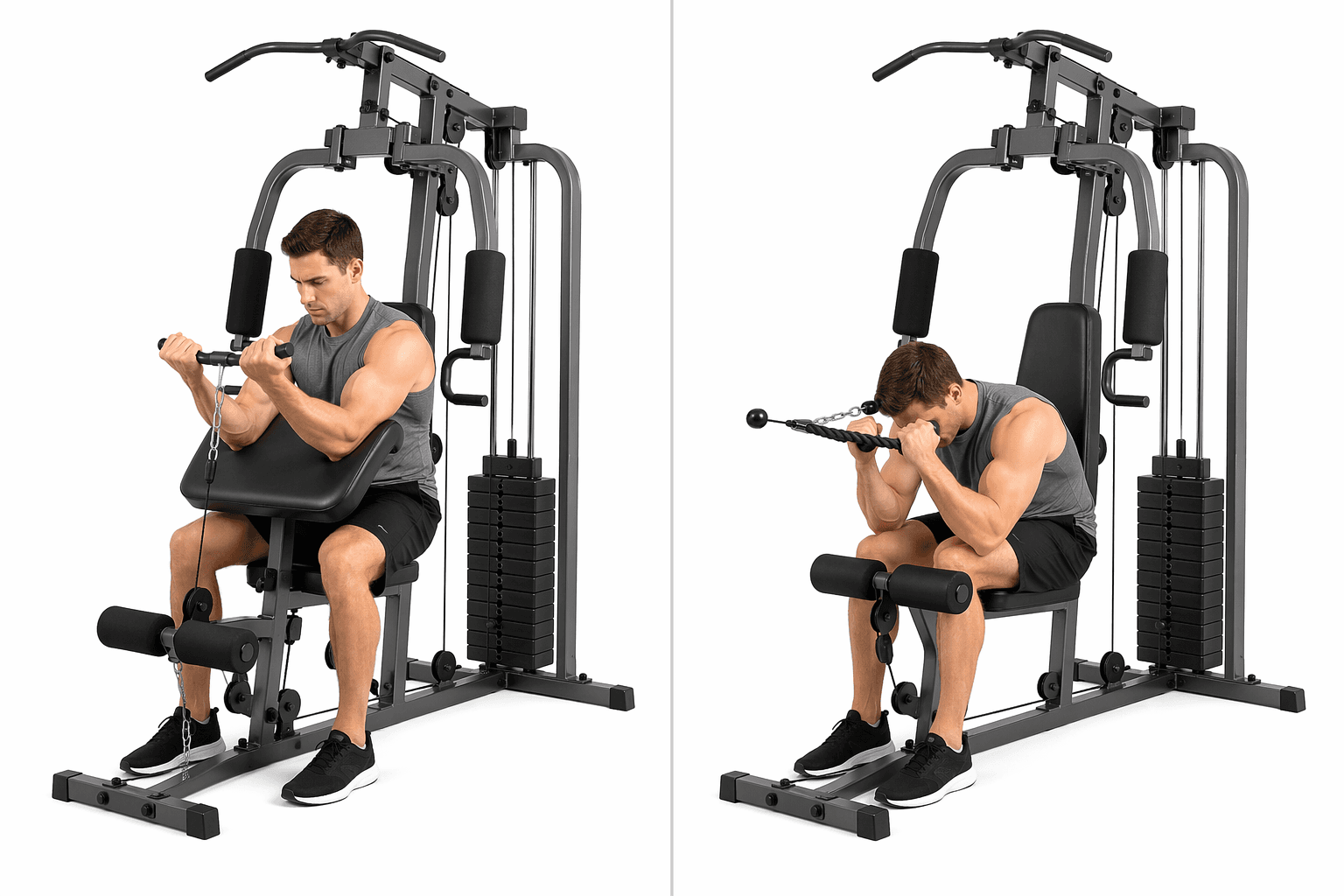 Split comparison visual showing two home gym machine configurations on a clean white background: the left side has a preacher curl pad attached for arm exercises, and the right side has a center pulley station with an ab crunch attachment, both sharing the same base frame, weight stack, press arms, and leg developer.