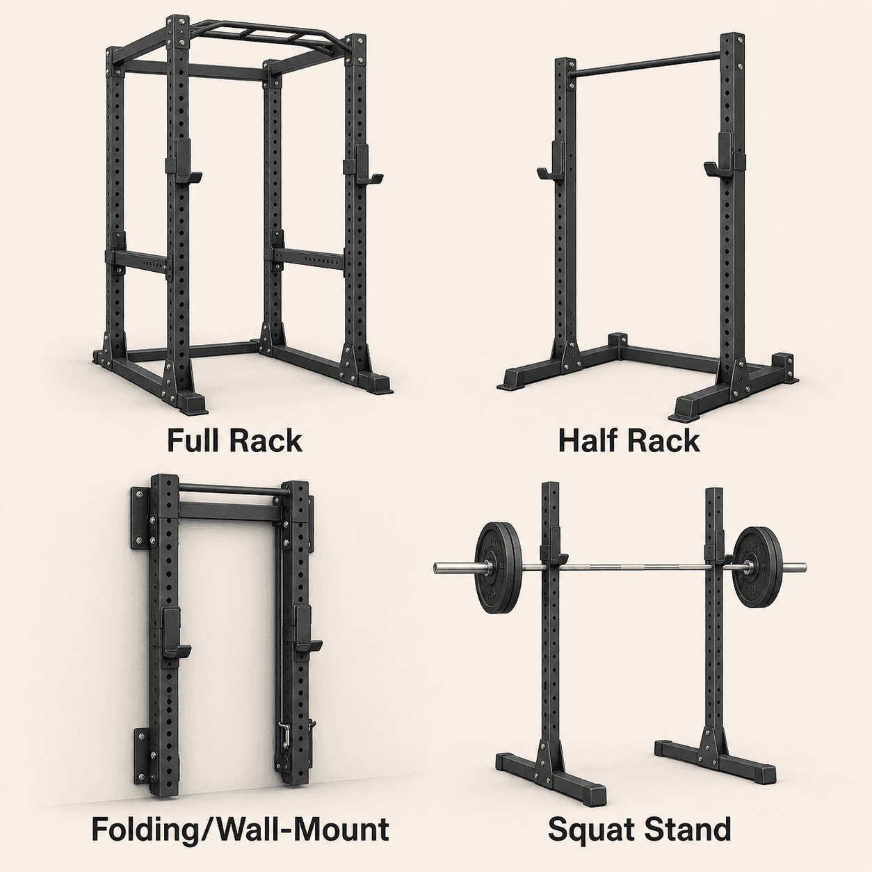 Four-panel comparison illustration showing a full power cage, half rack, folding wall-mounted rack stored flat, and standalone squat stand.
