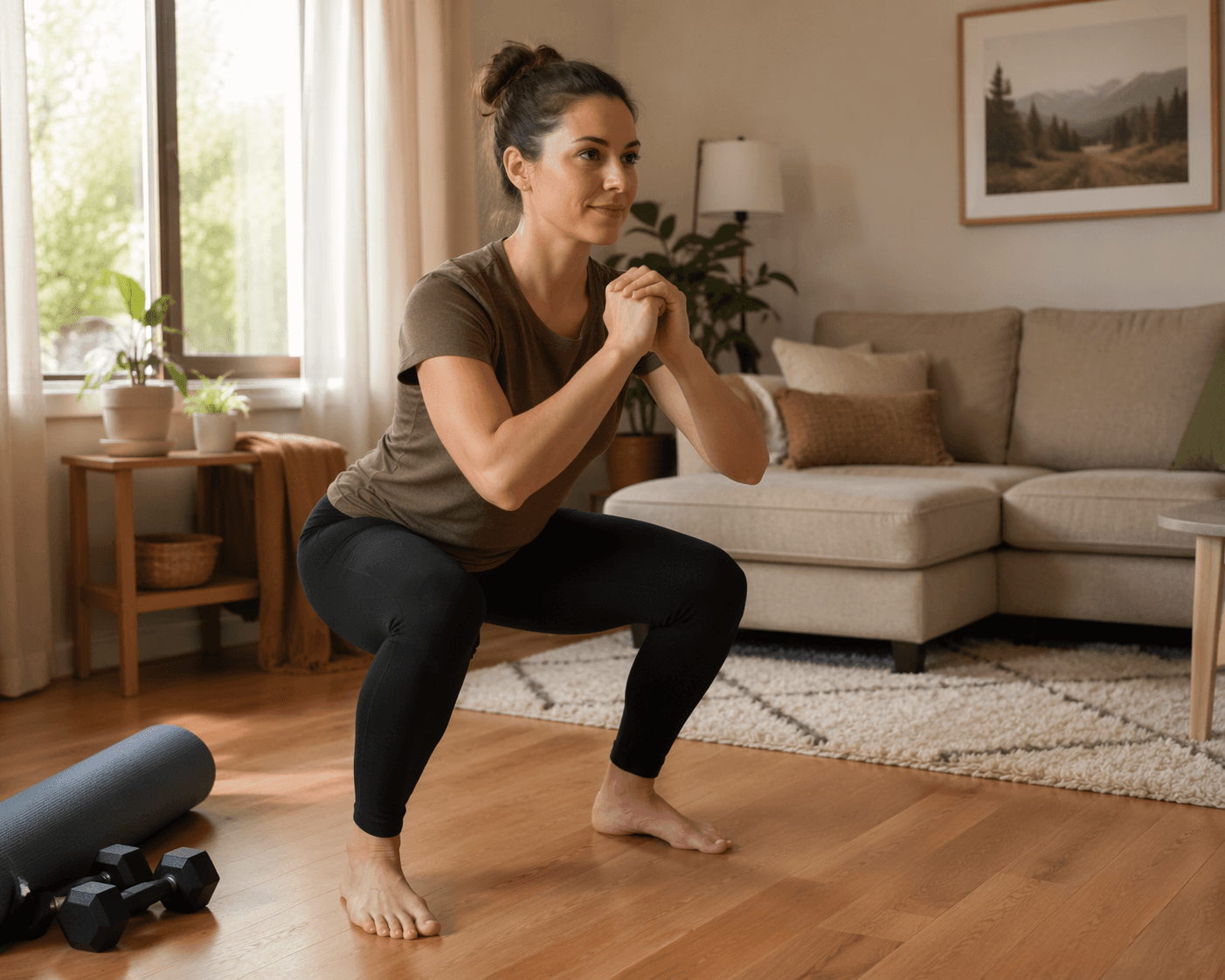A person in workout clothes performs a bodyweight squat with proper form in a sunlit living room. A yoga mat and dumbbells rest on the wooden floor beside them.