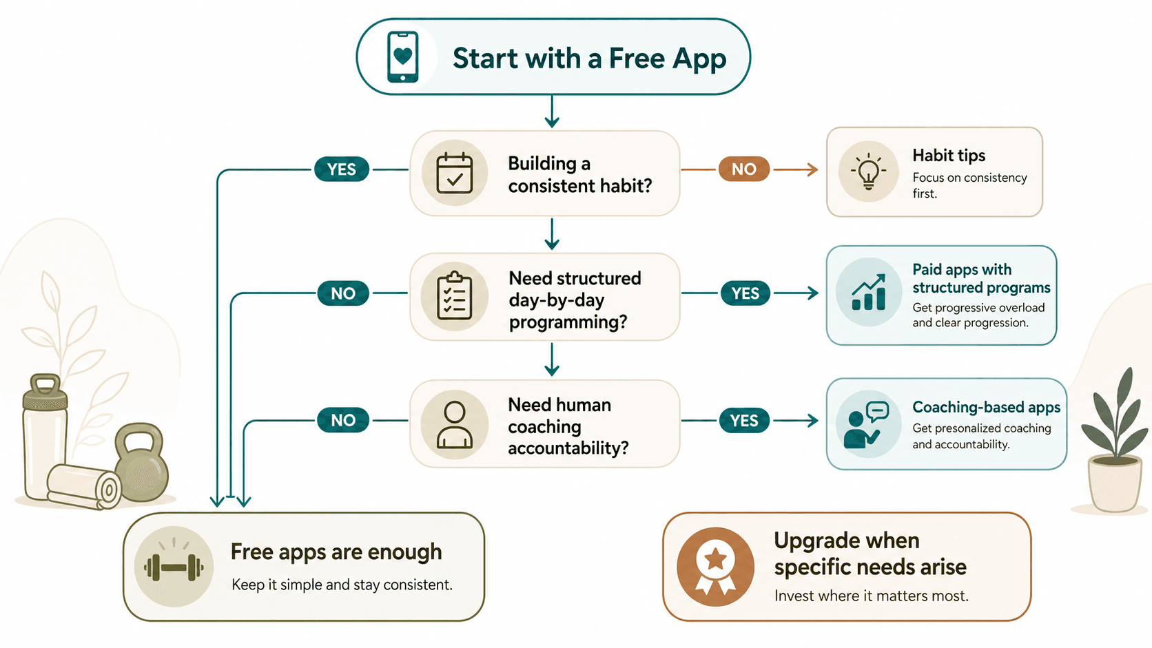 A clean editorial decision flowchart showing a top-to-bottom path from 'Start with a Free App' through decision nodes about habit consistency, structured programming needs, and coaching needs, ending with 'Free apps are enough' and 'Upgrade when specific needs arise' in muted earth tones with teal accents.