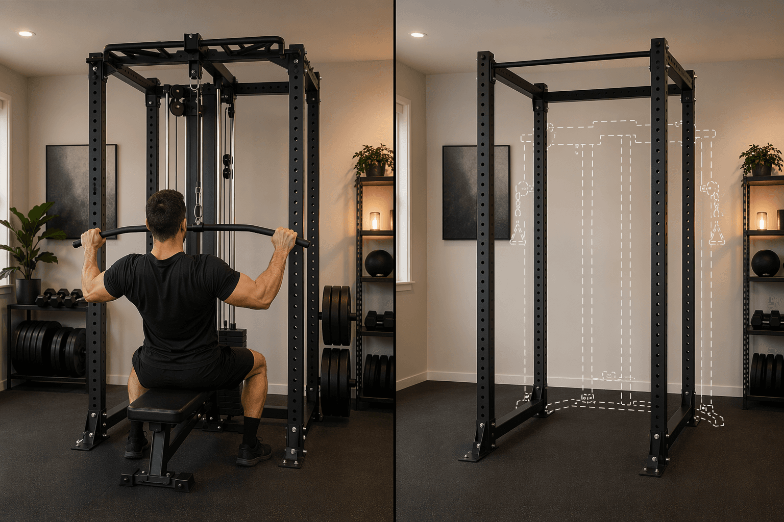 A lifter performing a cable lat pulldown on a REP Ares 2.0 integrated into a power rack. The right side of the image shows the same rack without the cable attachment, with a dashed outline indicating where a standalone functional trainer would sit.