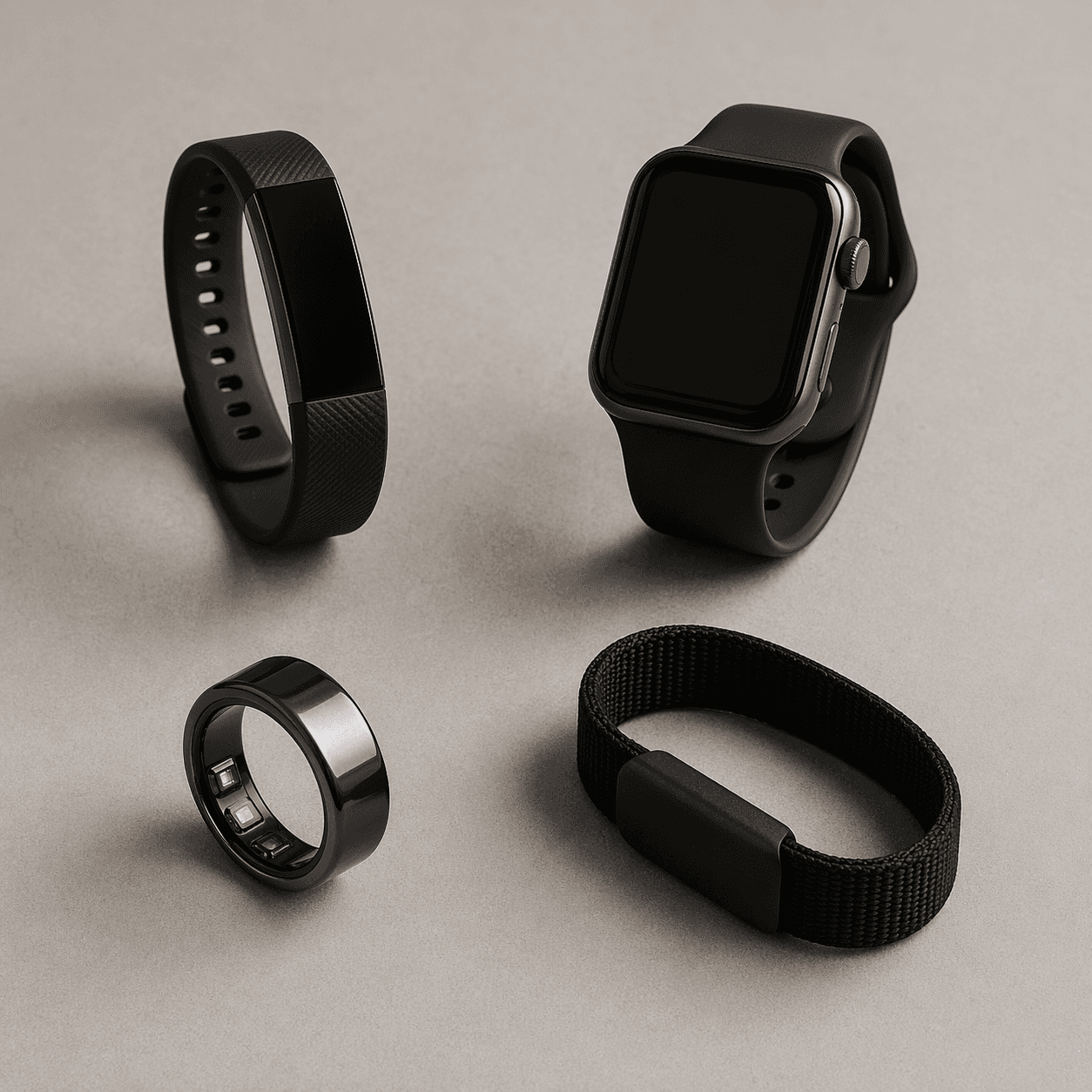 Four fitness tracker form factors arranged in a quadrant: a slim wrist band at top-left, a smartwatch at top-right, a smart ring at bottom-left, and a screenless band at bottom-right, on a light gray mat with warm lighting.