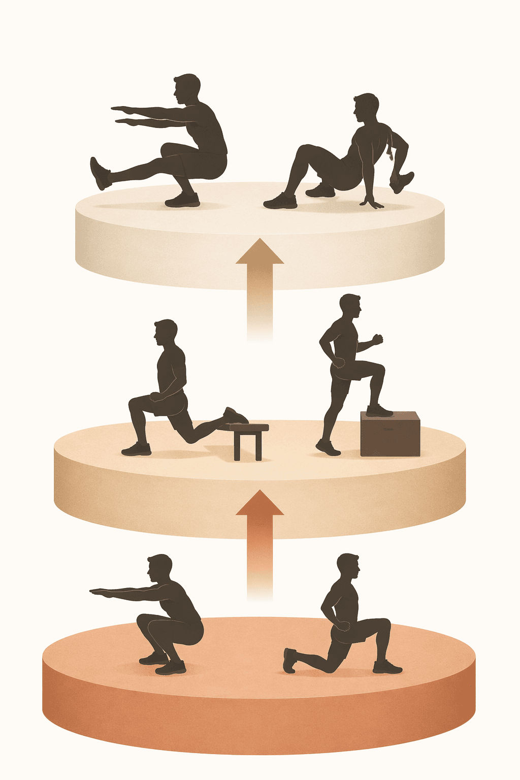 A clean editorial illustration showing three ascending tiers of exercise silhouettes. The bottom tier shows bodyweight squats and lunges, the middle tier shows Bulgarian split squats and step-ups, and the top tier shows pistol squats and shrimp squats. Upward arrows connect the tiers, indicating a progression path. Warm earth-tone palette against a light background. No text appears in the image.
