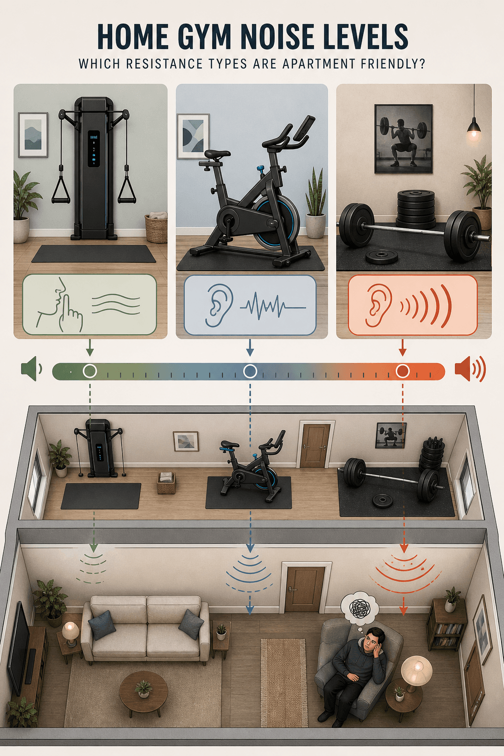Editorial infographic comparing three home gym resistance types for apartment noise: a digital resistance cable unit with quiet indicators on the left, a magnetic resistance bike with low-hum indicators in the center, and a barbell with loud sound-wave indicators on the right, with an apartment floor plan and neighbor icon below illustrating noise transmission through shared walls.