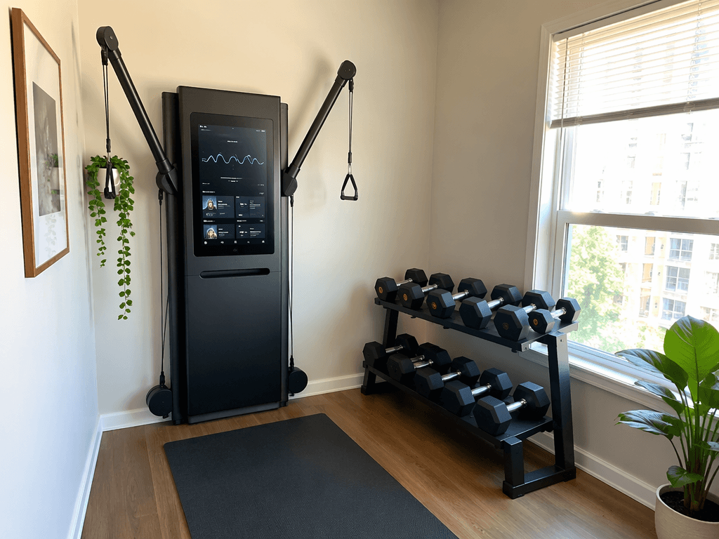 Compact apartment corner with a portable smart cable machine on the floor with cables extended and a small dumbbell rack with adjustable dumbbells beside it, yoga mat on hardwood floor, natural light from a window, showing a hybrid dual-system training setup.