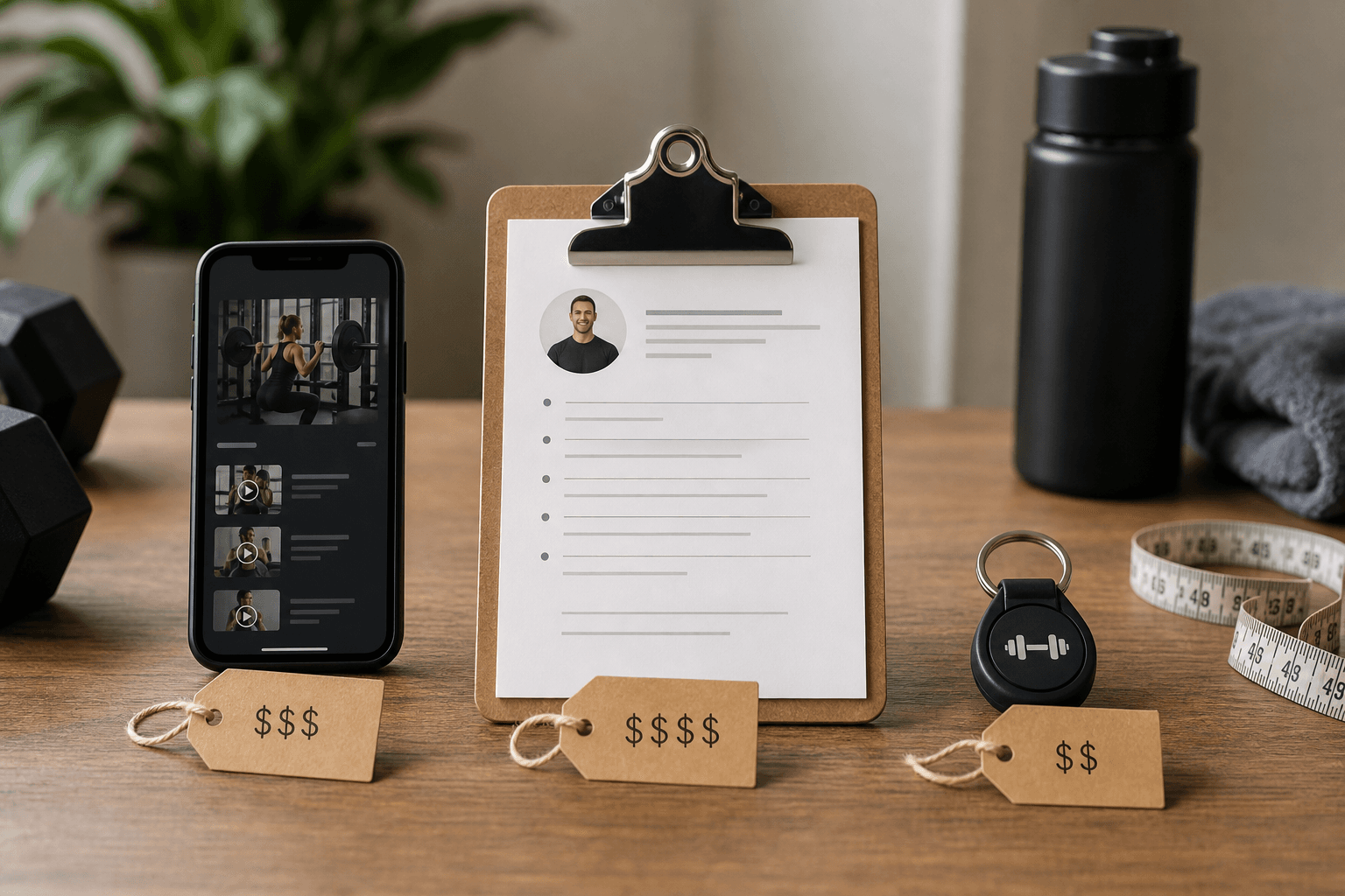 A smartphone with a fitness app, a clipboard with training notes, and a gym membership keychain fob arranged on a wooden table with small dumbbells and a measuring tape nearby.