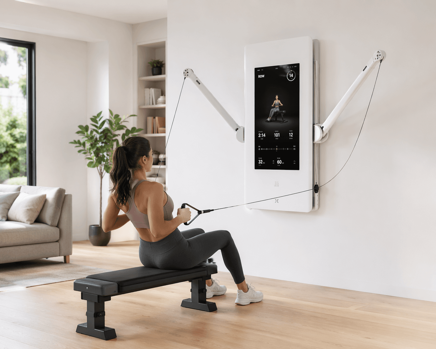 A sleek wall-mounted smart home gym unit in a bright modern living room. The slim white panel has a digital touchscreen display and two adjustable arms with cable handles. A person sits on a bench below using the cables for a row exercise. The floor space around the unit is clear.