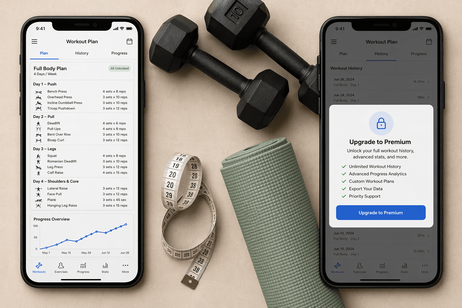 Two smartphones side by side on a neutral surface. The left phone shows an unlocked workout app with a progress graph. The right phone shows an 'Upgrade to Premium' overlay blocking the workout history.