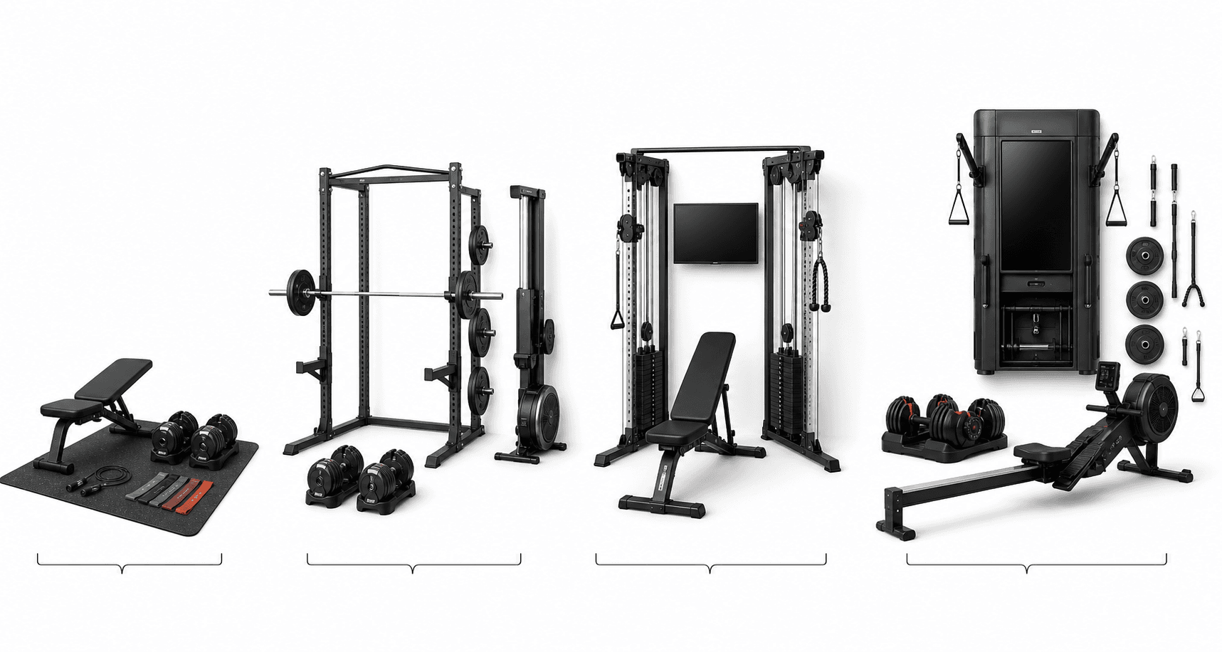 Flat-lay illustration of four home gym setups arranged by size, from a small mat with dumbbells to a large smart gym setup with cable attachments and rowing machine.