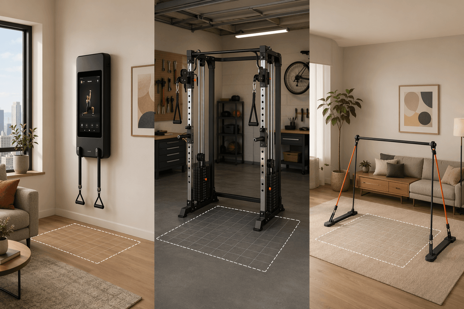 A split illustration showing three distinct home environments side by side: a small apartment corner with a wall-mounted smart gym, a garage with a compact dual-cable functional trainer, and a multi-purpose living room with a portable band/bar system, with subtle floor grid outlines emphasizing the space each setup occupies.