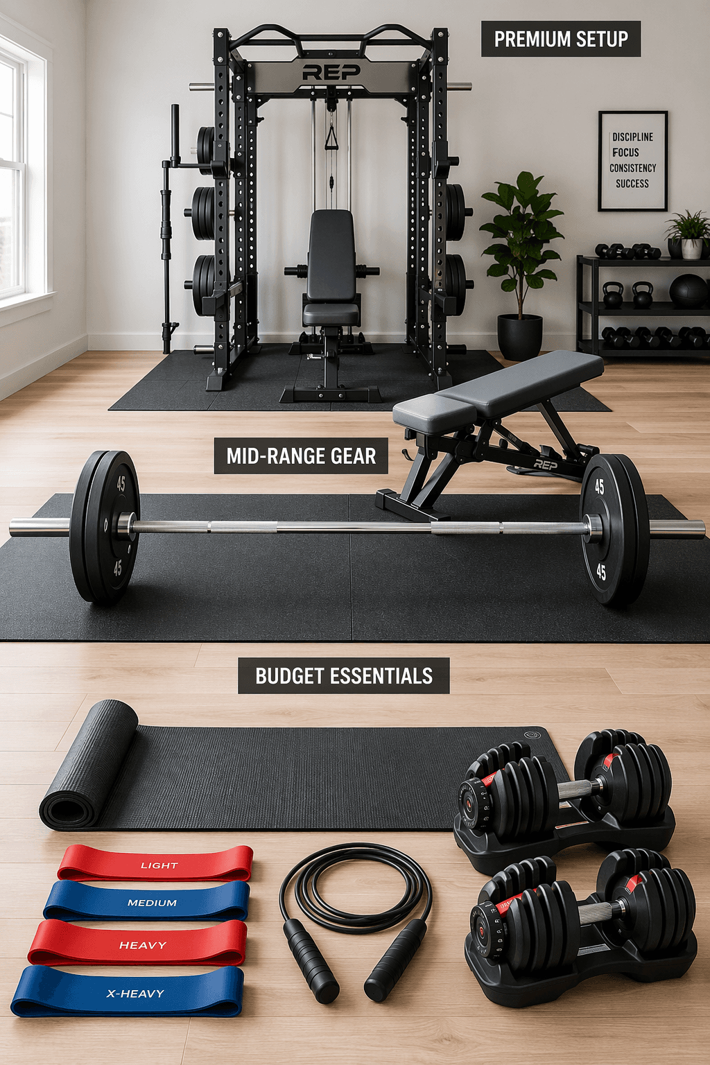 A clean flat-lay on light wood flooring showing three tiers of home gym equipment: foreground has resistance bands, yoga mat, jump rope, and adjustable dumbbells; midground has a barbell with weight plates and an adjustable bench; background shows the silhouette of a power rack.