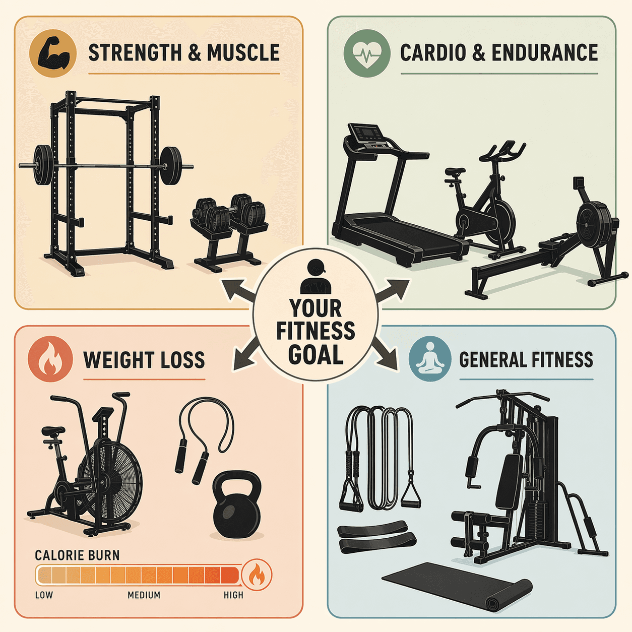 An infographic with four quadrants radiating from a central arrow labeled 'Your Fitness Goal' showing strength, cardio, weight loss, and general fitness equipment silhouettes.