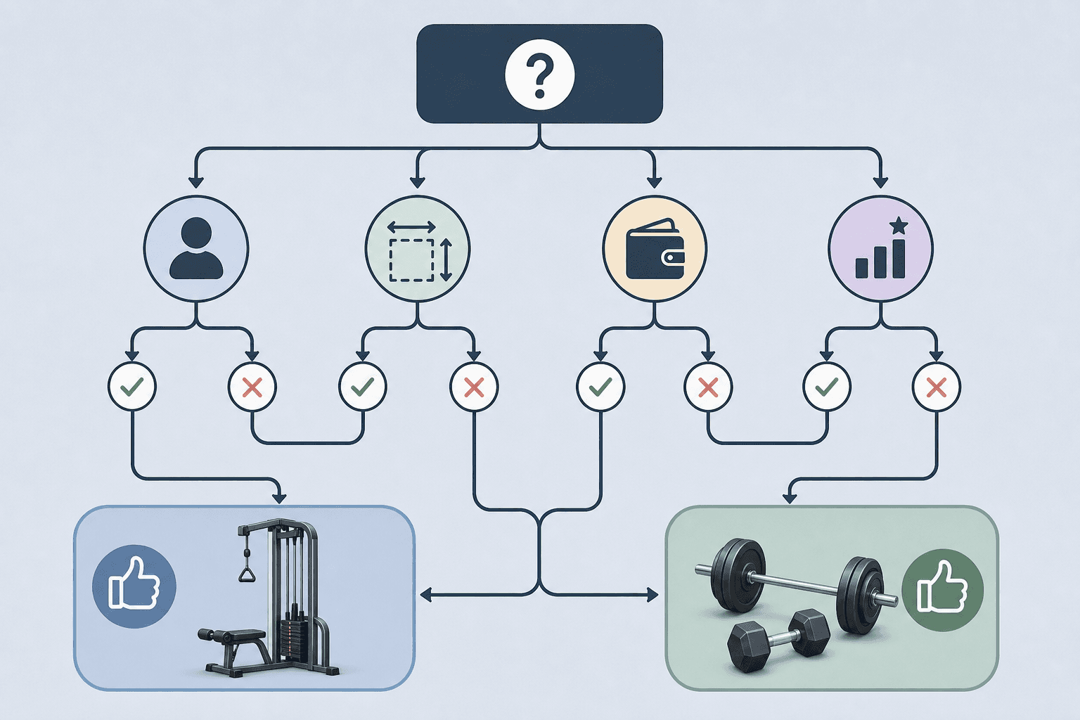 A minimalist decision flowchart with a top node branching into decision factors — training alone versus with a partner, space constraints, budget, and experience level — leading to two outcomes represented by icons: a cable column for full-body workout machine and a barbell and dumbbell for free weights, on a muted blue-gray background.
