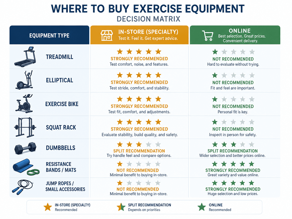 A decision matrix infographic listing exercise equipment types on the left axis with in-store and online columns showing recommended channels.