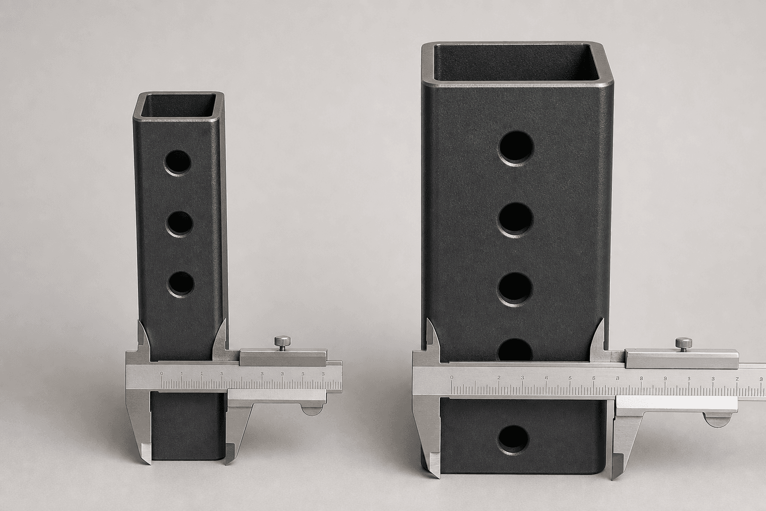 Close-up product photo comparing two steel uprights side by side: a 2x2-inch square tube and a 3x3-inch square tube, both with attachment holes, with a measuring ruler next to each showing the width difference, on a light gray background with soft studio lighting