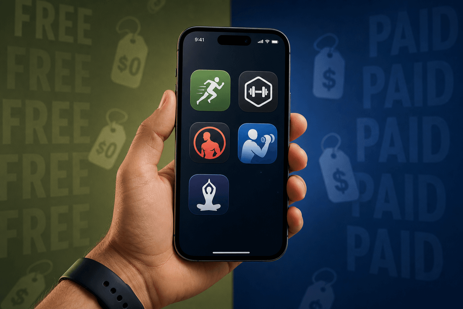 An iPhone held in a hand against a split gradient background with abstract fitness app icons and faint price tag symbols on both sides.
