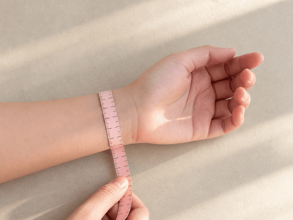 A close-up editorial photograph of a woman's bare wrist with a soft pastel measuring tape wrapped around the narrowest part of the wrist to demonstrate proper wrist circumference measurement technique.