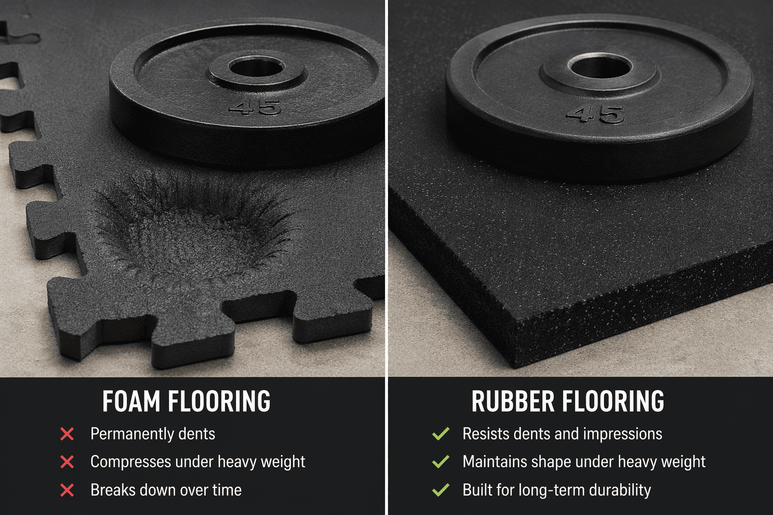 Side-by-side comparison showing a foam mat with a permanent indentation from a heavy weight and a rubber mat remaining flat and uncompressed.
