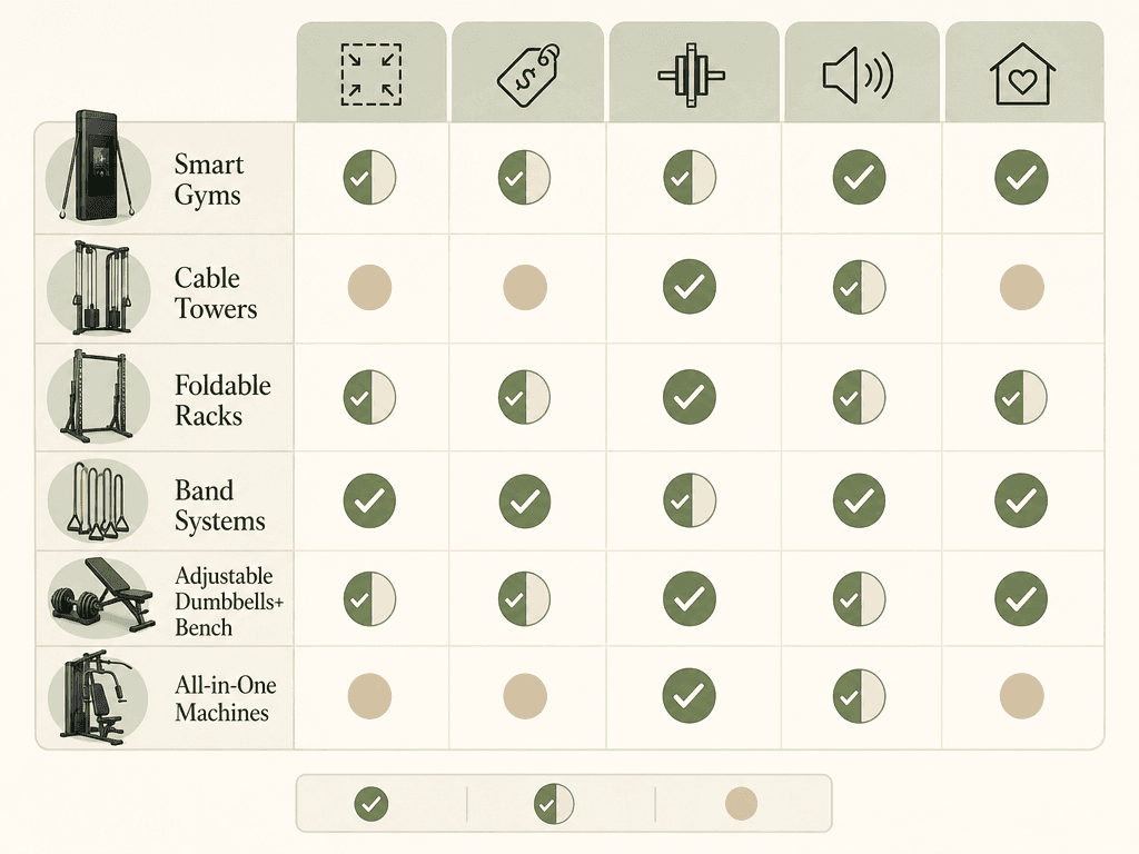 Compact Home Gym Decision Matrix: Match Equipment to Your Space, Budget, and Workout Style