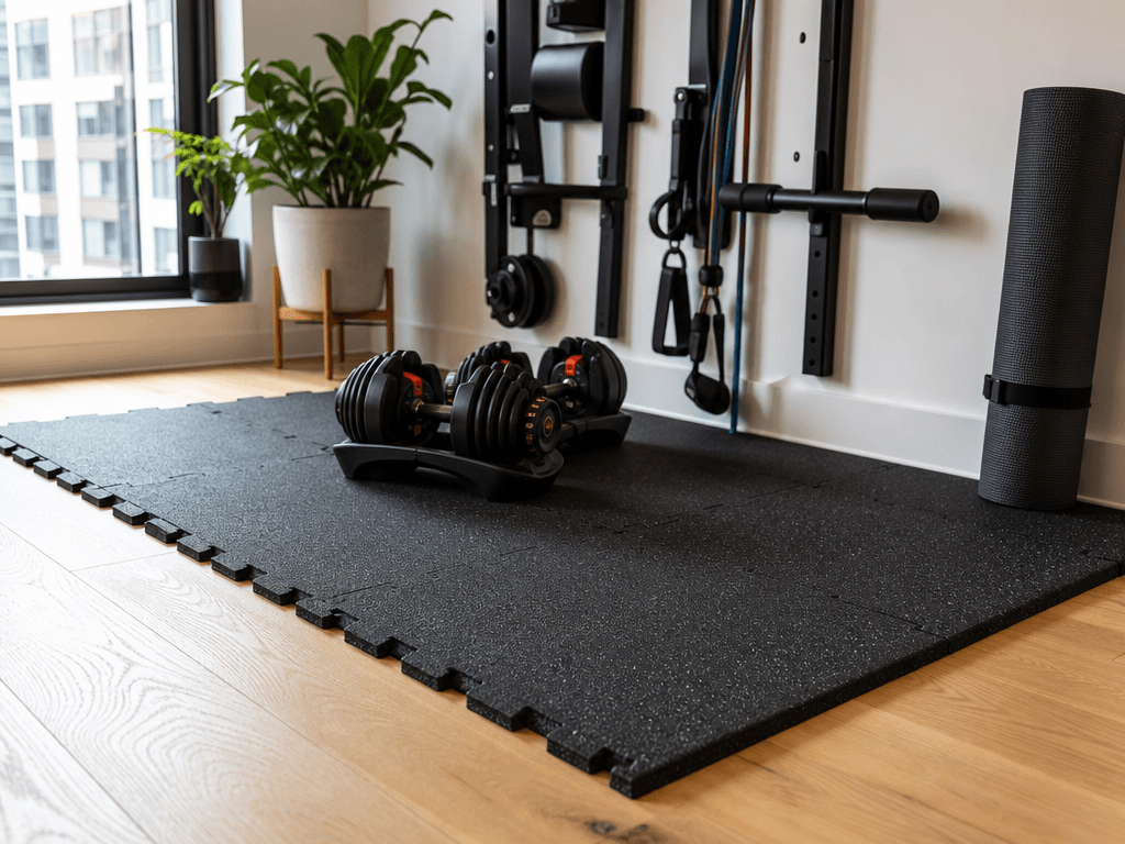 An apartment corner with thick black interlocking rubber gym mats laid over light hardwood flooring. A pair of adjustable dumbbells rests on the mats, and a rolled yoga mat sits nearby. Part of a wall-mounted gym setup is visible in the background, with warm natural light from a window.