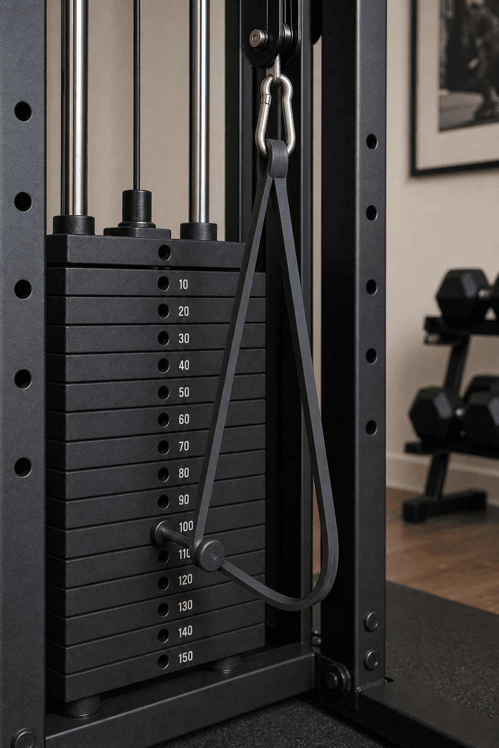 Close-up of a resistance band looped around the weight stack selector pin on a home gym cable machine, adding extra tension beyond the stack's maximum weight.