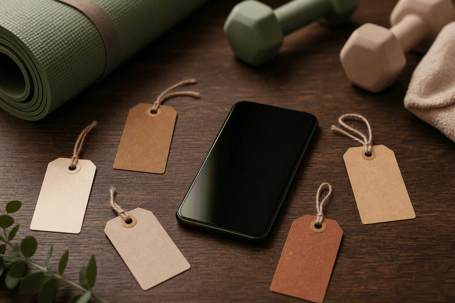 A flat lay on a dark wood surface showing several small price tags and a smartphone, with dumbbells and a yoga mat softly blurred in the background.