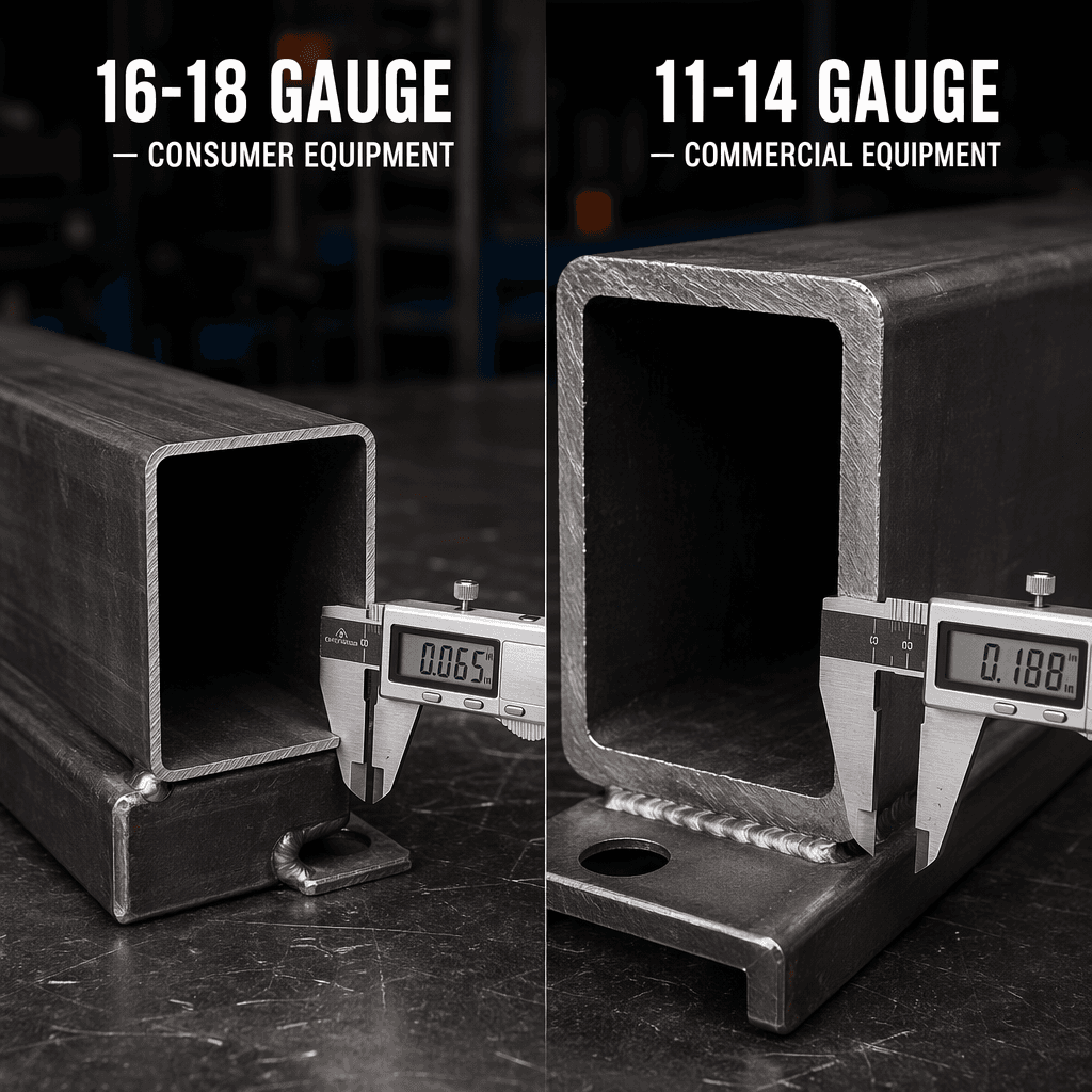 Side-by-side cross-section comparison of a thin 16-18 gauge consumer steel tube and a thick 11-14 gauge commercial steel tube with a caliper measuring the thickness difference.