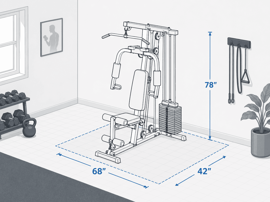 Isometric floor plan illustration of the Marcy 150lb stack home gym with dimensional callouts showing 68 inches length, 42 inches width, and 78 inches height.