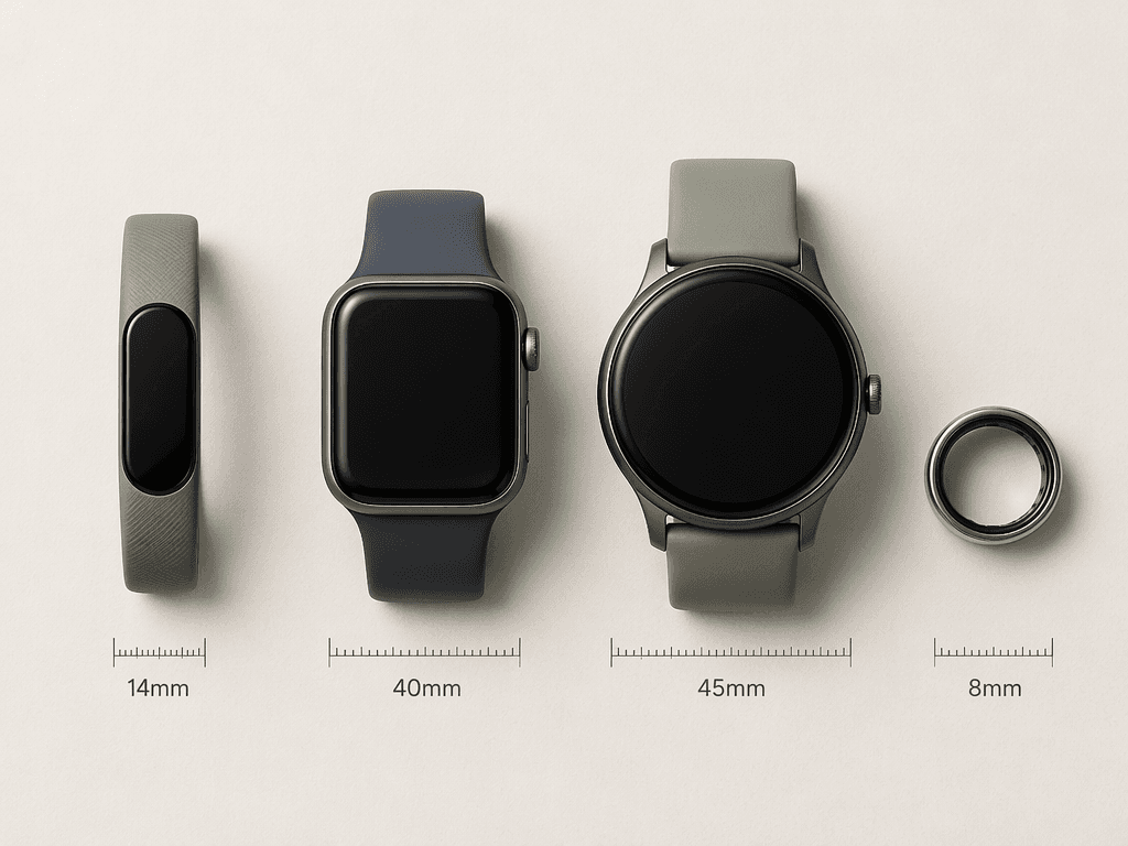 Size comparison of four wearable devices laid flat: a slim 14mm band, a 40mm smartwatch case, a 45mm fitness watch, and a smart ring, shown at actual relative sizes.