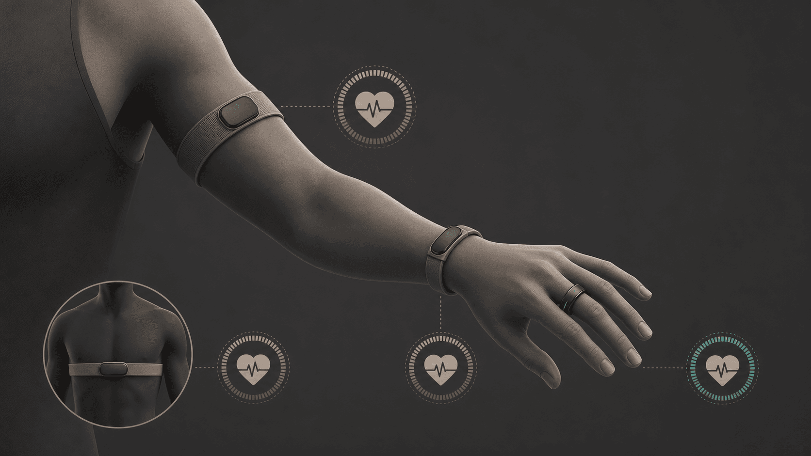 Stylized arm silhouette showing three fitness tracker placement zones: wrist band position with pulse indicator, bicep band position on upper arm with pulse indicator, and smart ring position on finger with pulse indicator, plus a small chest strap reference icon near the torso.