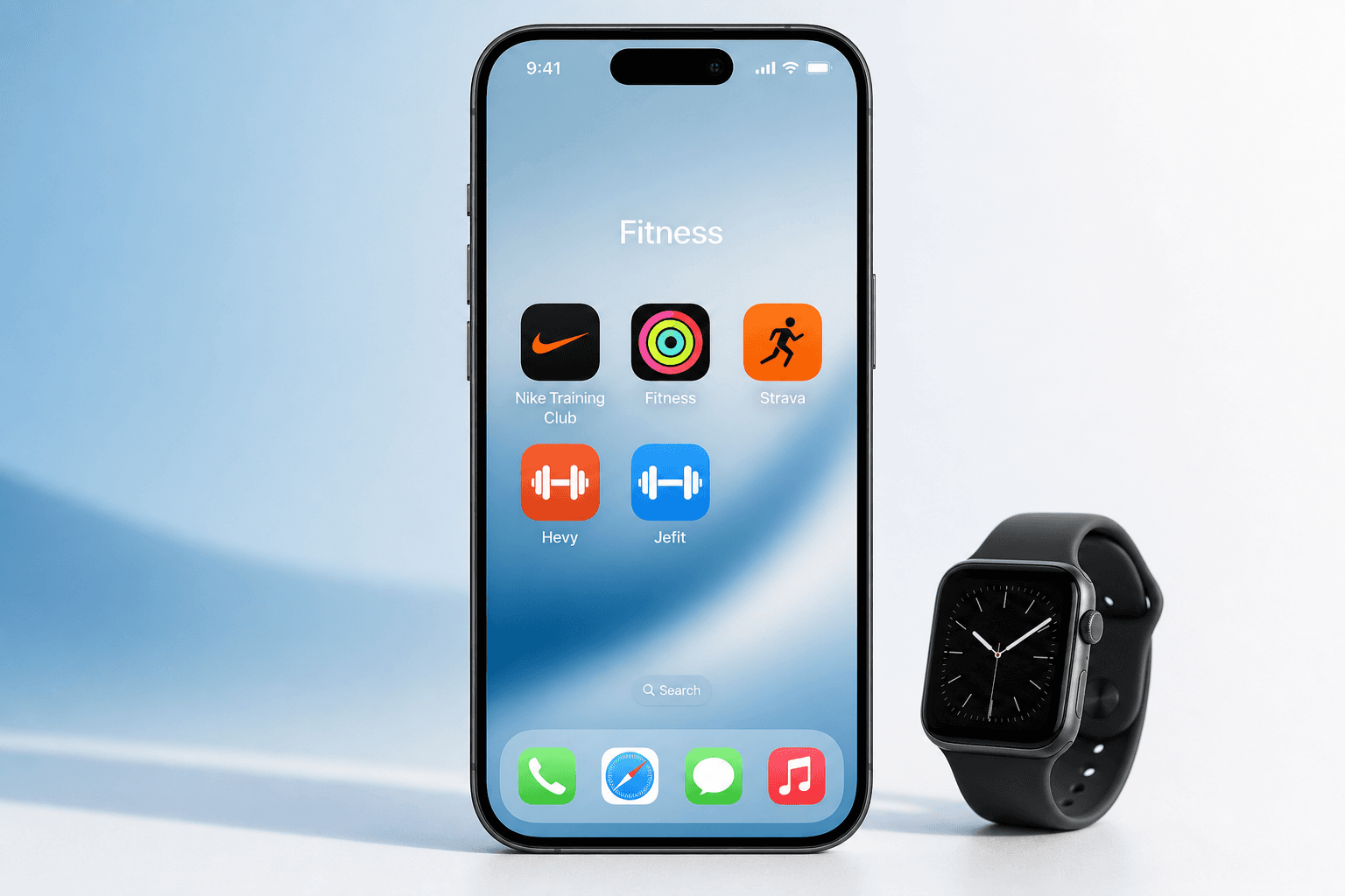 iPhone home screen with five fitness app icons and an Apple Watch on a gradient background.