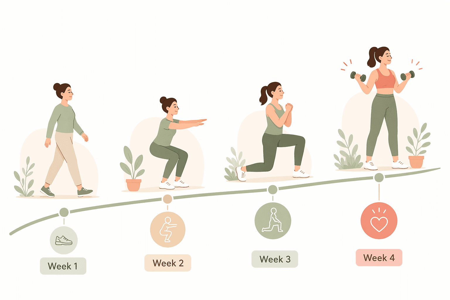 A four-week timeline illustration showing a figure silhouette progressing from walking to gentle bodyweight exercise.