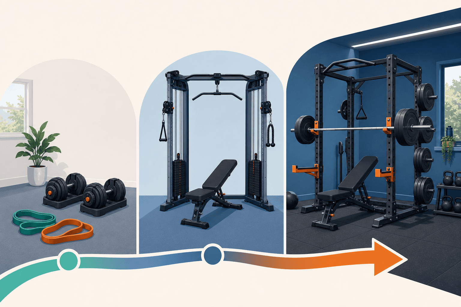 A flat-vector illustration showing a left-to-right progression of home gym equipment: resistance bands and adjustable dumbbells on the left, a cable tower with a bench in the center, and a rack setup on the right, connected by arrows against a blue-toned background with warm orange accents.