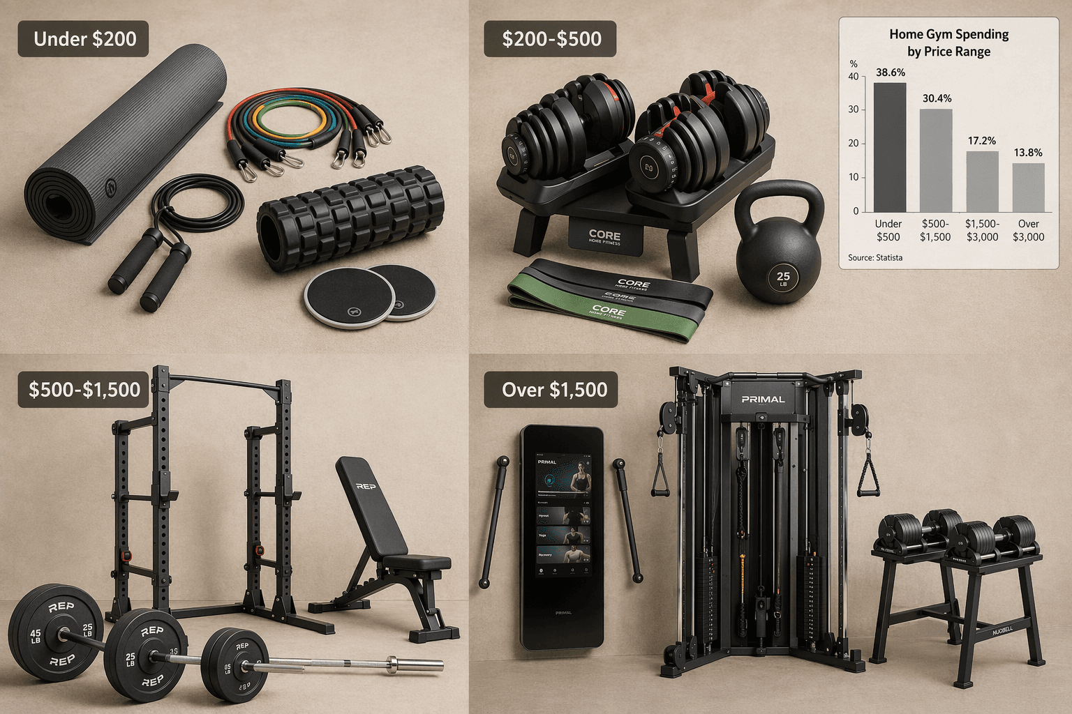 Overhead flat-lay showing four clusters of home fitness equipment arranged by budget tier, with subtle price badge overlays and a small bar chart in the corner showing 38.6% under $500.