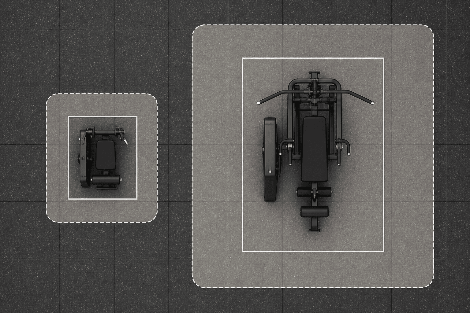 Top-down floor plan diagram showing two equipment footprints with surrounding clearance zones — a smaller machine with a modest clearance zone on the left and a larger system with a wider clearance zone on the right.