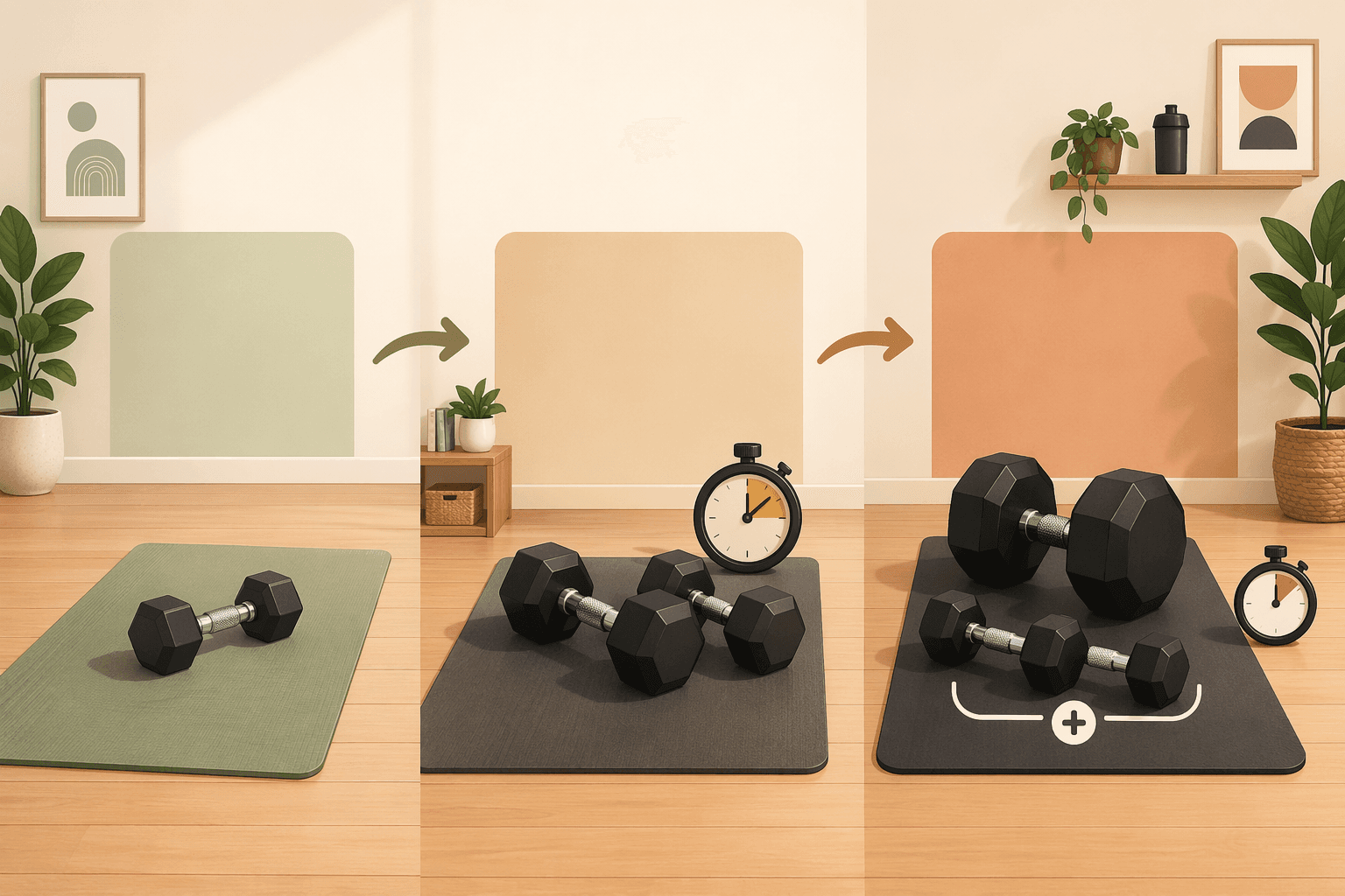A clean editorial illustration showing three workout setups arranged left to right. Left (beginner): one medium dumbbell on a mat. Center (intermediate): two slightly larger dumbbells with a timer icon. Right (advanced): a pair of larger dumbbells with a superset visual and a smaller timer icon. Upward arrows connect columns.