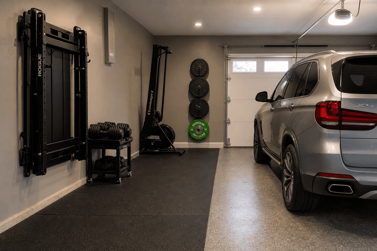 A single-car garage gym layout showing a wall-mounted foldable rack in folded position on the left wall, a silver SUV parked on the right side, rubber stall mats on the gym-side floor, adjustable dumbbells on a cart, a Concept2 rower against the back wall, and vertical plate storage.