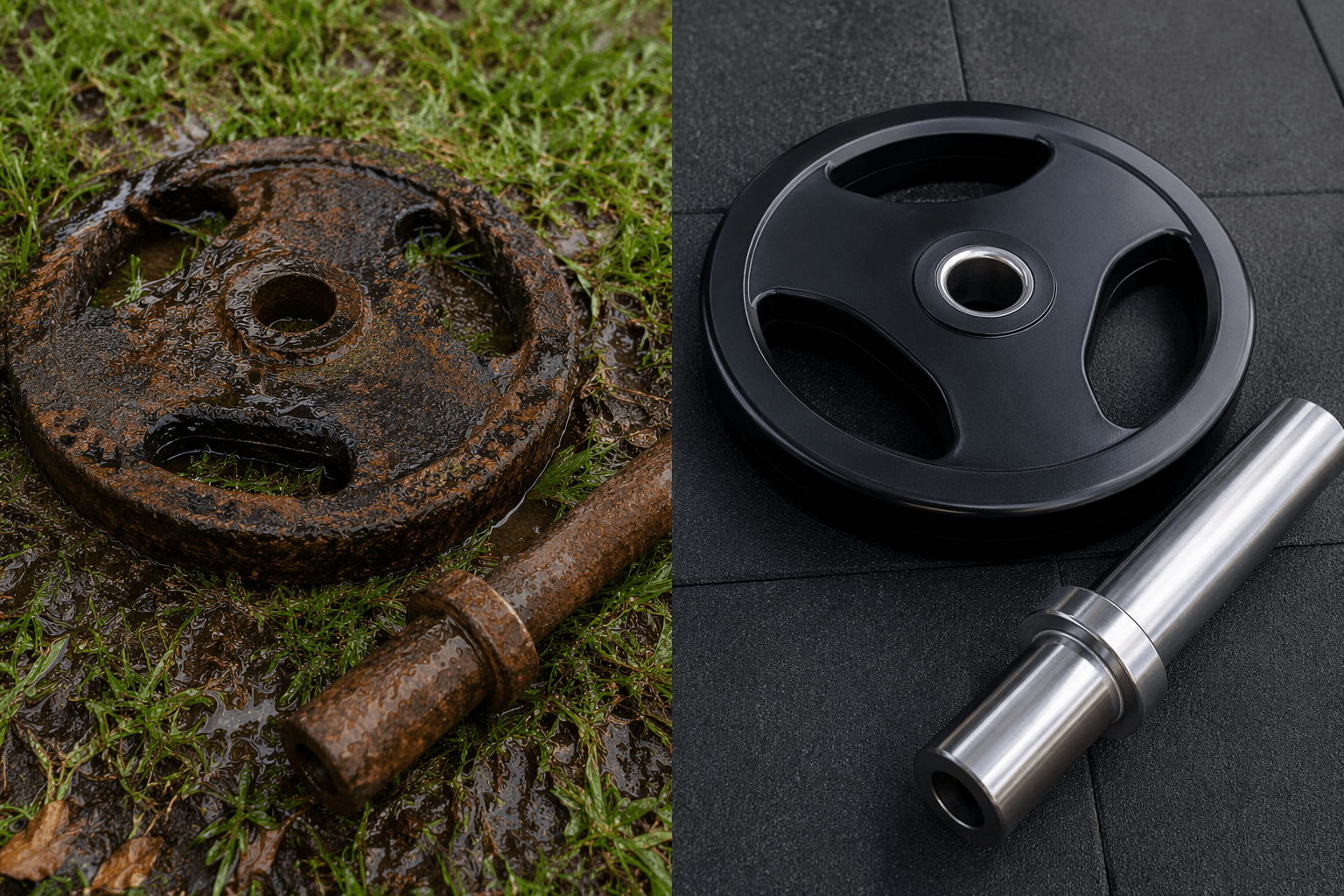 Side-by-side comparison of neglected rusted weight plates and barbell sleeve on damp grass versus clean urethane-coated plates and polished stainless steel sleeve on a dry rubber mat.