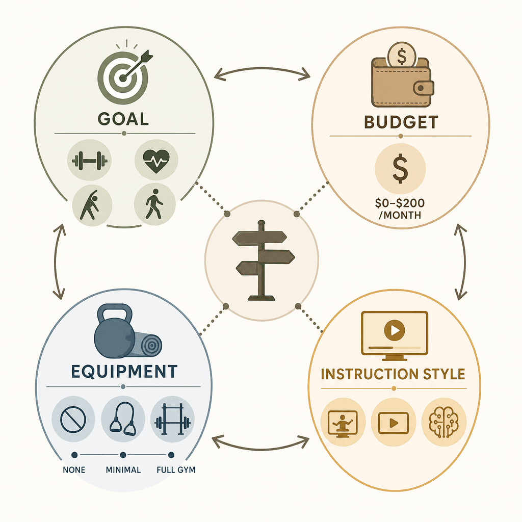 A clean decision framework diagram showing four interconnected dimensions — Goal, Budget, Equipment, and Instruction Style — arranged with soft circular icons, connecting lines, and arrows in a quadrant layout.
