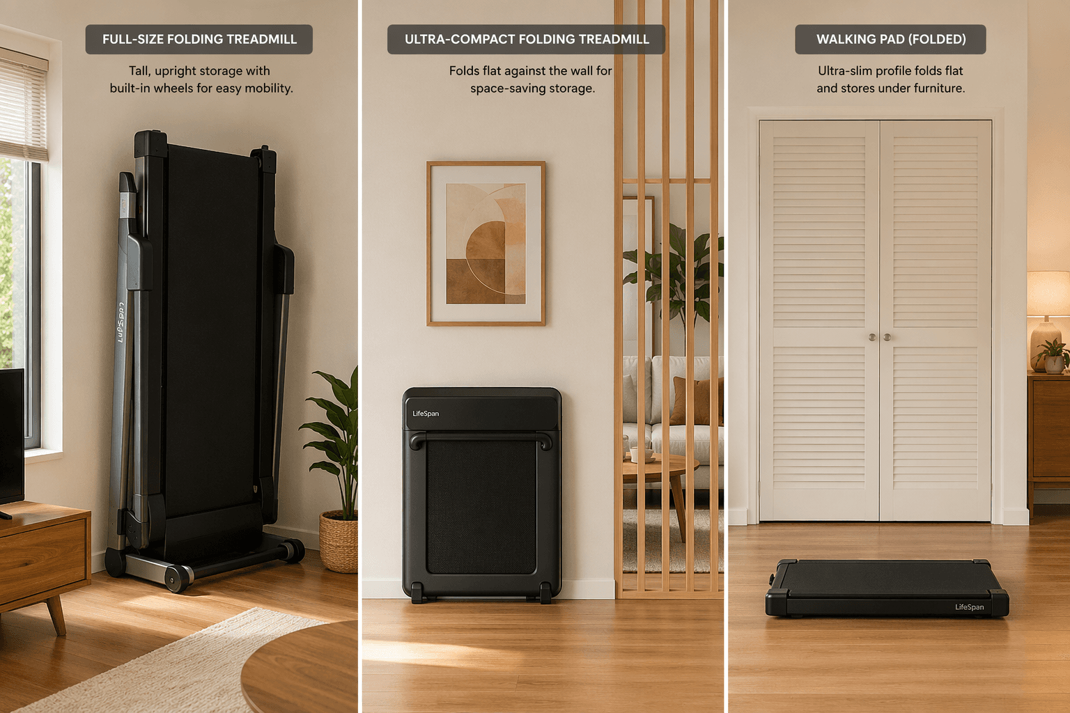 Three folded treadmills in an apartment living room showing different storage profiles: upright, flat against wall, and walking pad on floor.