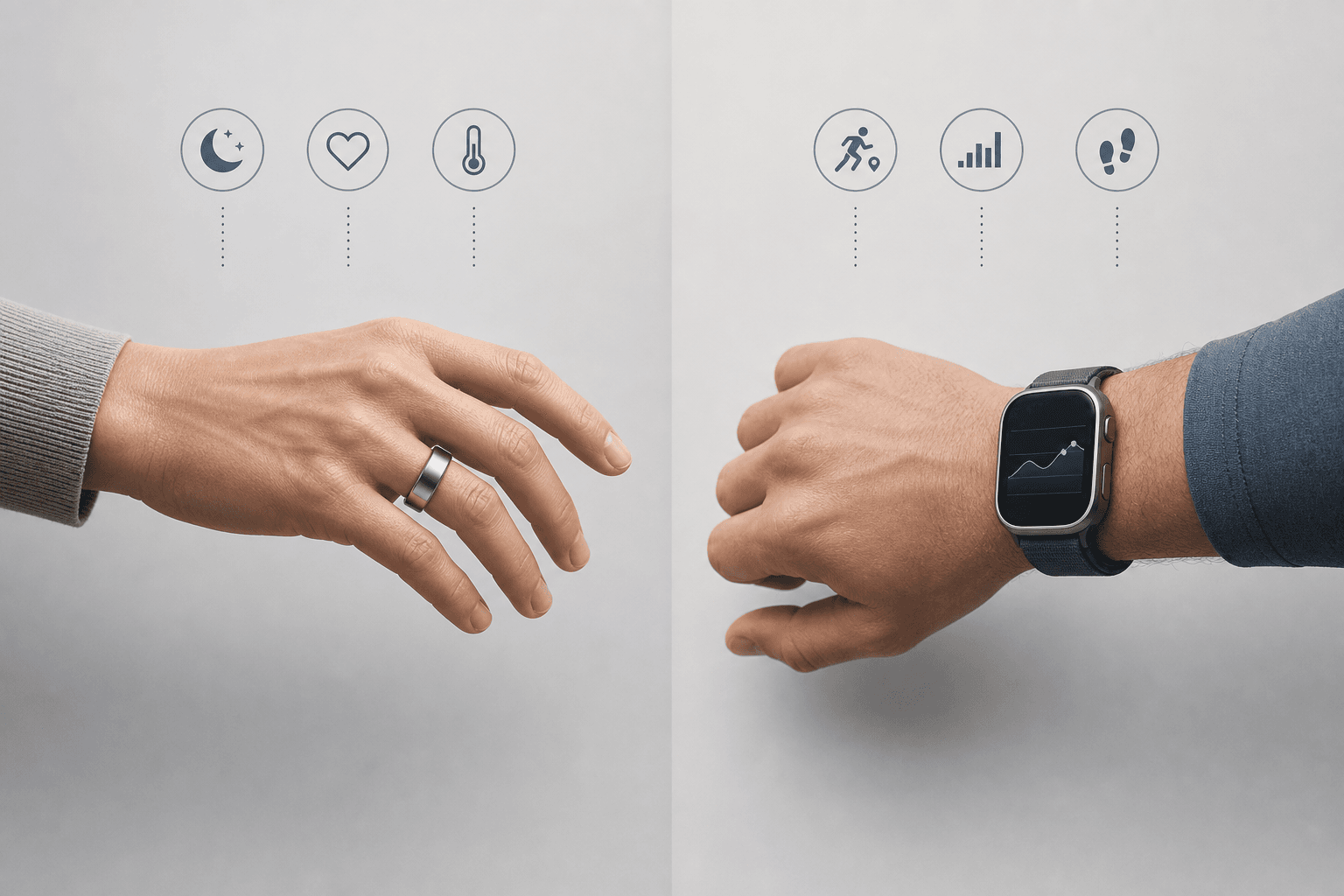 Split-comparison editorial image showing a hand wearing a smart ring with moon, resting heart, and temperature icons on the left, and a wrist wearing a fitness smartwatch with running GPS, exercise graph, and step count icons on the right.
