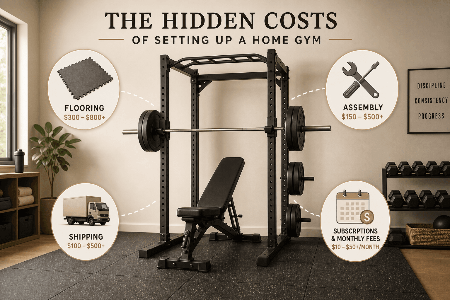 A central home gym equipment setup surrounded by floating icons representing hidden costs: flooring tile, shipping truck, wrench for assembly, and subscription calendar icon, each connected to the gym setup with light dashed lines.