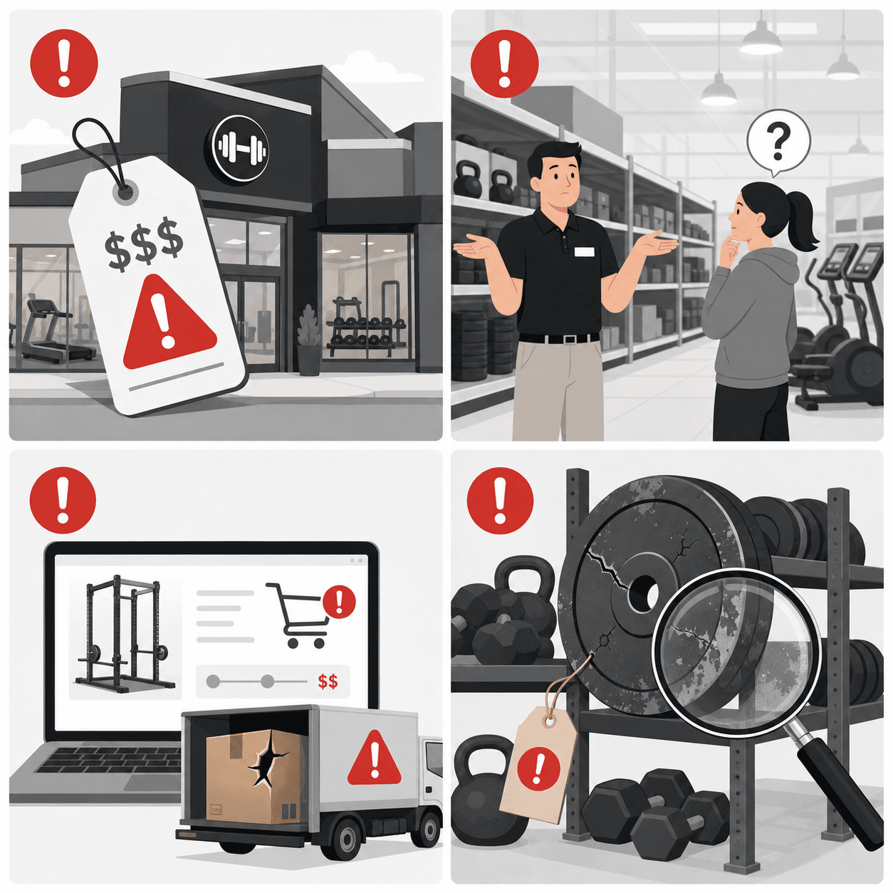 Four-panel flat vector grid showing fitness equipment shopping red flags: premium storefront with oversized price tag, big-box aisle with shrugging salesperson, laptop with damaged box symbol, and used equipment rack with cracked weight plate and magnifying glass.